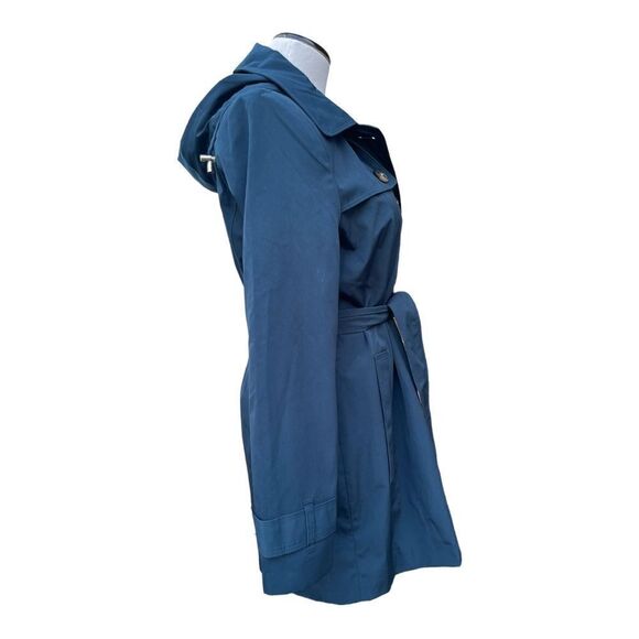 LONDON FOG Teal Blie Trench Coat Tie Waist Short Size Small Hood EUC - Picture 3 of 8